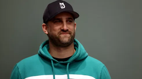 Head coach Nick Sirianni of the Philadelphia Eagles reacts during the retirement announcement of Jason Kelce from the NFL at NovaCare Complex on March 04, 2024 in Philadelphia, Pennsylvania.