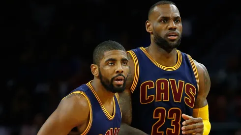 Kyrie Irving #2 and LeBron James #23 of the Cleveland Cavaliers look on while playing the Detroit Pistons during the second quarter of game three of the NBA Eastern Conference quarterfinals.
