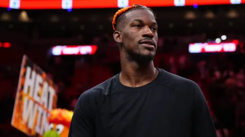 Jimmy Butler #22 of the Miami Heat looks on at the end of the game against the Toronto Raptors at Kaseya Center on December 12, 2024 in Miami, Florida. 
