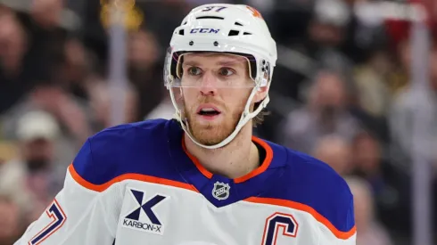 Connor McDavid #97 of the Edmonton Oilers waits for a faceoff in the second period of a game against the Vegas Golden Knights at T-Mobile Arena on December 03, 2024 in Las Vegas, Nevada. The Golden Knights defeated the Oilers 1-0. 
