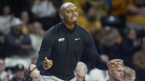  Memphis coach Penny Hardaway encourages his team during the first half against Wichita State on Sunday, Jan. 14, 2024, at Koch Arena in Wichita, Kansas
