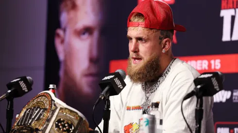 Jake Paul speaks during the post match press conference for LIVE On Netflix: Jake Paul vs. Mike Tyson at AT&T Stadium on November 15, 2024 in Arlington, Texas.