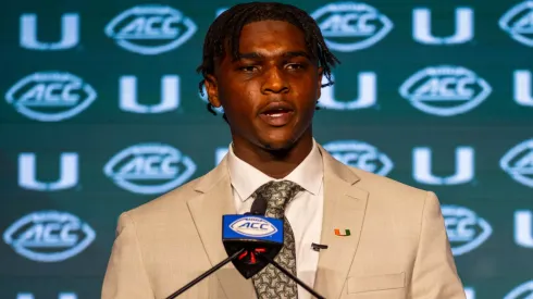 Miami Hurricanes quarterback Cam Ward speaks with the media during the 2024 ACC Football Kickoff at Hilton Uptown Charlotte in Charlotte, NC.
