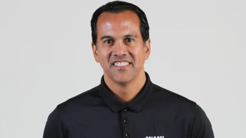 Head coach Erik Spoelstra of the Miami Heat poses for a photo during media day at Kaseya Center on October 2, 2023.
