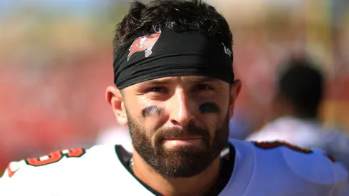 Baker Mayfield #6 of the Tampa Bay Buccaneers reacts after defeating the Philadelphia Eagles at Raymond James Stadium on September 29, 2024 in Tampa, Florida. 
