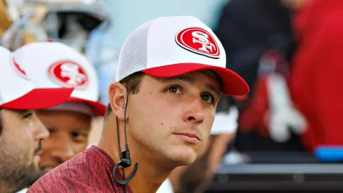 Brock Purdy #13 of the San Francisco 49ers on the bench during the first half of a preseason game against the Tennessee Titans at Nissan Stadium on August 10, 2024 in Nashville, Tennessee.
