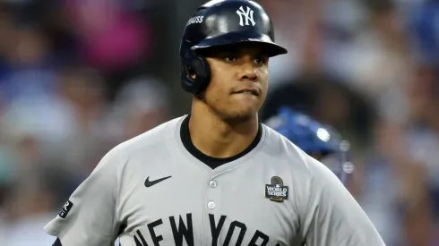 Juan Soto #22 of the New York Yankees flips his bat as he runs the bases after hitting a solo home run against the Los Angeles Dodgers in the third inning during Game Two of the 2024 World Series at Dodger Stadium on October 26, 2024 in Los Angeles, California.
