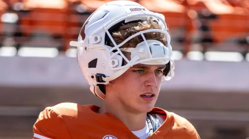 Mississippi State vs Texas Sept 28 Sept 28, 2024.Arch Manning 16 of the Texas Longhorns during pre game warmups vs the Mississippi State Bulldogs at DKR-Memorial Stadium.
