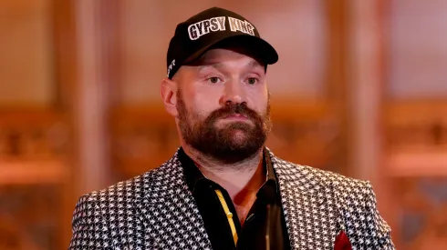 Tyson Fury looks on during the Usyk v Fury 2 Press Conference ahead of the IBO, WBC and WBO World Heavyweight titles' fight
