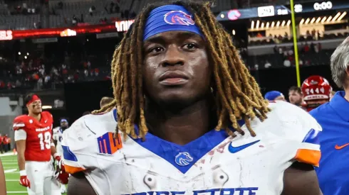 Boise State Broncos head coach Spencer Danielson (L) and Boise State Broncos running back Ashton Jeanty (2) (R) speak with a reporter at the conclusion of the college football game featuring the Boise State Broncos and the UNLV Rebels at Allegiant Stadium in Las Vegas, NV.