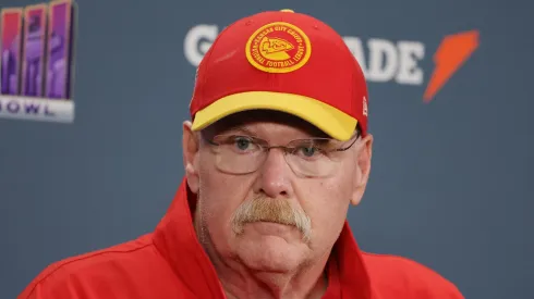 Head coach Andy Reid of the Kansas City Chiefs speaks with the media after the Kansas City Chiefs defeated the San Francisco 49ers 25-22 in overtime during Super Bowl LVIII at Allegiant Stadium on February 11, 2024 in Las Vegas, Nevada.
