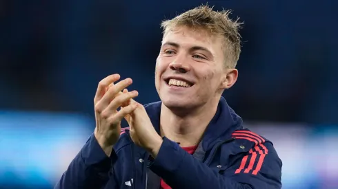 Rasmus Hojlund of Manchester United, ManU celebrates during the Premier League match at the Etihad Stadium, Manchester. 
