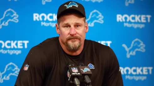 Head coach Dan Campbell of the Detroit Lions answers questions in a press interview after a Lions loss in a game between the Detroit Lions and the Buffalo Bills in Detroit, Michigan USA, on Sunday, December 15, 2024.