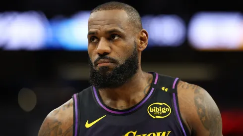 LeBron James #23 of the Los Angeles Lakers looks on against the Minnesota Timberwolves in the first quarter at Target Center.
