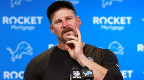 Head coach Dan Campbell of the Detroit Lions answers questions in a press interview after a Lions loss in a game between the Detroit Lions and the Buffalo Bills in Detroit, Michigan USA, on Sunday, December 15, 2024.