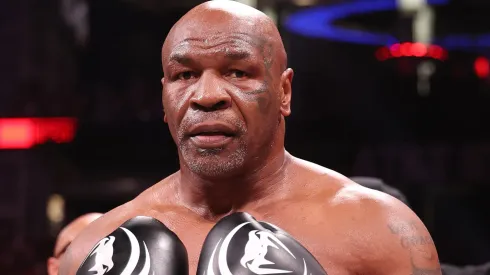 Mike Tyson in action against Jake Paul during LIVE On Netflix: Jake Paul vs. Mike Tyson at AT&T Stadium on November 15, 2024 in Arlington, Texas. 
