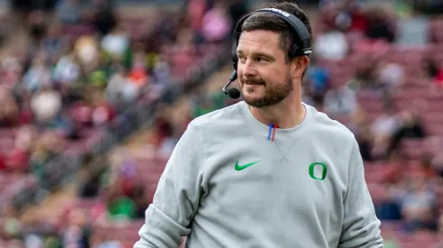 Oregon head coach Dan Lanning on the field during a timeout in the NCAA, College League, USA Football game between the Oregon Ducks and the Stanford Cardinal.
