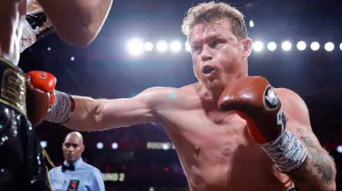 WBC/WBA/WBO super middleweight champion Canelo Alvarez punches Edgar Berlanga during the second round of a title fight at T-Mobile Arena on September 14, 2024 in Las Vegas, Nevada.