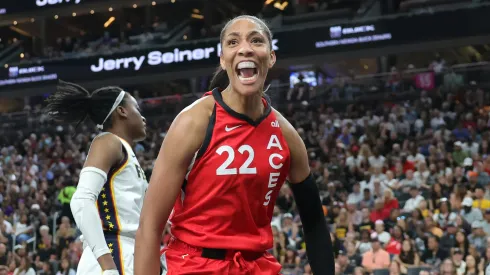 A'ja Wilson #22 of the Las Vegas Aces reacts after scoring against the Indiana Fever