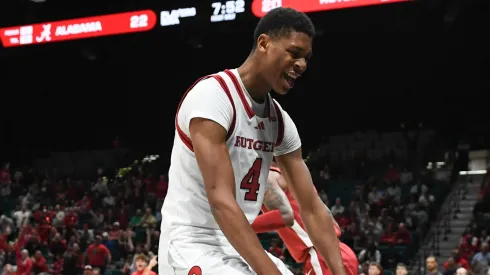 ce Bailey #4 of the Rutgers Scarlet Knights celebrates his slam dunk on the Alabama Crimson Tide in the first half of their game during the Players Era Festival basketball tournament at MGM Grand Garden Arena on November 27, 2024 in Las Vegas, Nevada
