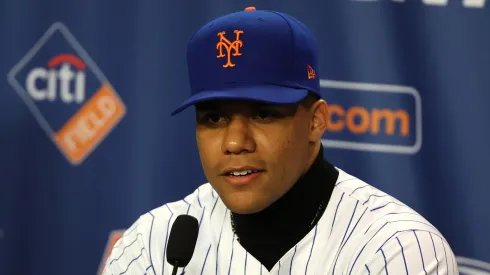 Juan Soto of the New York Mets looks on during his introductory press conference at Citi Field on December 12, 2024 in New York City. 
