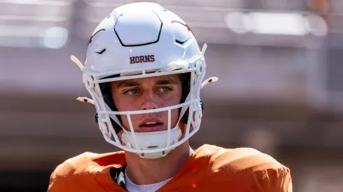 Mississippi State vs Texas Sept 28 Sept 28, 2024.Arch Manning 16 of the Texas Longhorns during pre game warmups vs the Mississippi State Bulldogs at DKR-Memorial Stadium.
