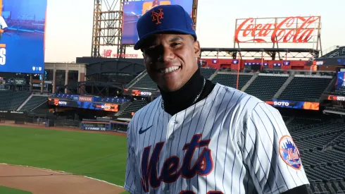 Juan Soto of the New York Mets poses with his new uniform after his introductory press conference at Citi Field on December 12, 2024 in New York City.
