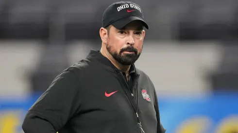 Head coach Ryan Day of the Ohio State Buckeyes looks on prior to a game against the Missouri Tigers during the Goodyear Cotton Bowl at AT&T Stadium on December 29, 2023 in Arlington, Texas.
