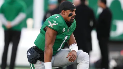 Philadelphia Eagles quarterback Jalen Hurts (1) looks on during the game between the Philadelphia Eagles and the Jacksonville Jaguars on November 3, 2024 at Lincoln Financial Field in Philadelphia, PA.
