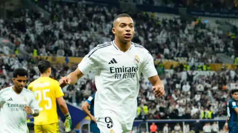 Kylian Mbappe celebrates after scoring Real Madrid's first goal against Pachuca in the 2024 Intercontinental Cup 
