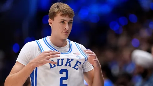 Cooper Flagg #2 of the Duke Blue Devils prepares to take the floor during Countdown to Craziness at Cameron Indoor Stadium 
