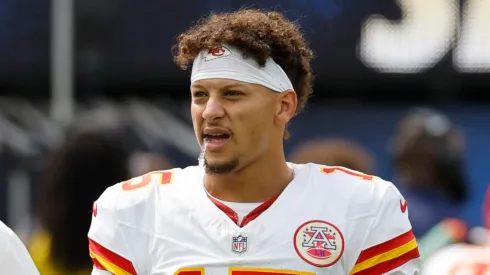 Patrick Mahomes #15 of the Kansas City Chiefs reacts prior to a game against the Los Angeles Chargers at SoFi Stadium on September 29, 2024 in Inglewood, California.
