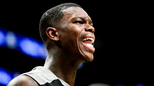 Dennis Schroder #17 of the Brooklyn Nets reacts to a call against the Milwaukee Bucks during the second half at Barclays Center on December 08, 2024 in New York City.
