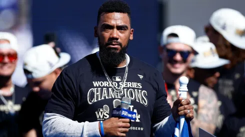 Teoscar Hernandez #37 of the Los Angeles Dodgers celebrates during the 2024 World Series Celebration Show at Dodger Stadium in Los Angeles, California.
