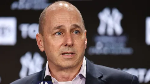 New York Yankees general manager Brian Cashman speaks to the media during a press conference at Yankee Stadium on December 21, 2022 in Bronx, New York.