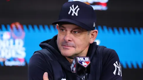 Manager Aaron Boone #17 of the New York Yankees talks to the media after the Los Angeles Dodgers defeated the New York Yankees 7-6 in game 5 to win the 2024 World Series at Yankee Stadium on October 30, 2024 in the Bronx borough of New York City.