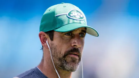 New York Jets quarterback Aaron Rodgers (8) walks around during warm ups before the NFL matchup between the Carolina Panthers and the New York Jets in Charlotte, NC.
