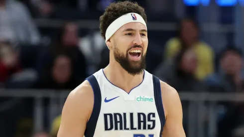 Klay Thompson #31 of the Dallas Mavericks reacts after making a basket against the Golden State Warriors in the second half at Chase Center on December 15, 2024 in San Francisco, California.
