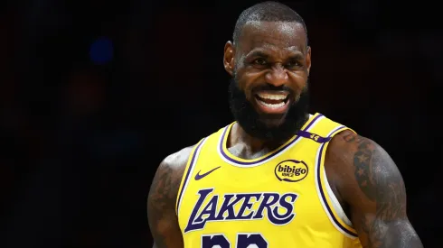 LeBron James #23 of the Los Angeles Lakers reacts against the Miami Heat during the first half at Kaseya Center on December 04, 2024 in Miami, Florida. 
