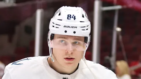 Kaapo Kakko #84 of the Seattle Kraken warms up prior to the game against the Chicago Blackhawks at the United Center on December 19, 2024 in Chicago, Illinois. Kaapo Kakko is playing his first game for the Seattle Kraken after being acquired in a trade with the New York Rangers on December 18th.