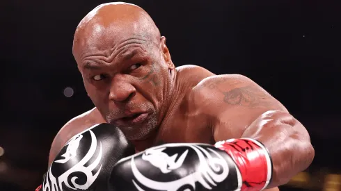 Mike Tyson in action against Jake Paul during LIVE On Netflix: Jake Paul vs. Mike Tyson at AT&T Stadium on November 15, 2024 in Arlington, Texas. 
