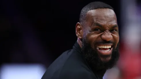 LeBron James #23 of the Los Angeles Lakers reacts before playing against the Washington Wizards at Capital One Arena on April 03, 2024 in Washington, DC. 
