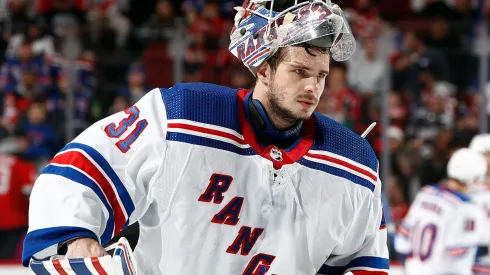 Igor Shesterkin #31 of the New York Rangers looks on during the second period against the New Jersey Devils at Prudential Center on February 22, 2024.