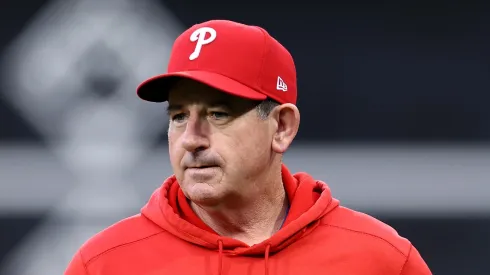 Philadelphia Phillies manager Rob Thomson looks on during batting practice before Game Two of the Championship Series against the Arizona Diamondbacks at Citizens Bank Park on October 17, 2023 in Philadelphia, Pennsylvania.
