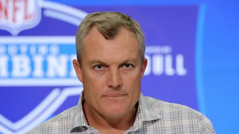 General manager John Lynch of the San Francisco 49ers speaks to the media during the NFL Combine at the Indiana Convention Center on February 27, 2024 in Indianapolis, Indiana.