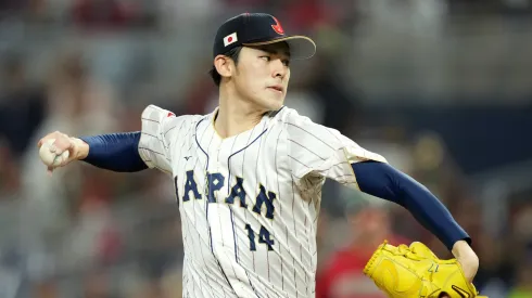 oki Sasaki #14 of Team Japan pitches in the first inning against Team Mexico during the World Baseball Classic Semifinals at loanDepot park on March 20, 2023 in Miami, Florida.
