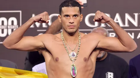 Light heavyweight boxer David Benavidez poses on the scale during an official weigh-in at MGM Grand Garden Arena on June 14, 2024 in Las Vegas, Nevada. 
