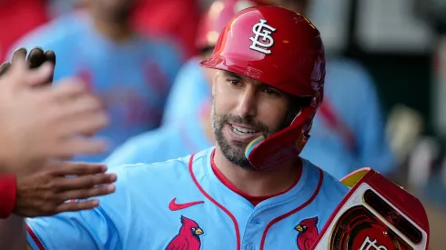 Paul Goldschmidt #46 of the St. Louis Cardinals celebrates his two-run home run with teammates in the second inning against the Kansas City Royals at Kauffman Stadium on August 10, 2024 in Kansas City, Missouri.