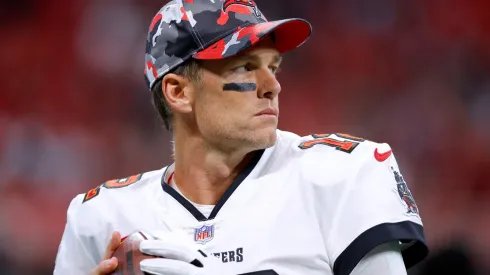 Tom Brady #12 of the Tampa Bay Buccaneers warms-up prior to the game against the Atlanta Falcons at Mercedes-Benz Stadium on January 08, 2023 in Atlanta, Georgia.
