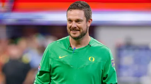 Oregon head coach, Dan Lanning, prior to the Chick-fil-A Kickoff Game featuring the Georgia Bulldogs and the Oregon Ducks, played at Mercedes Benz Stadium in Atlanta, Georgia.
